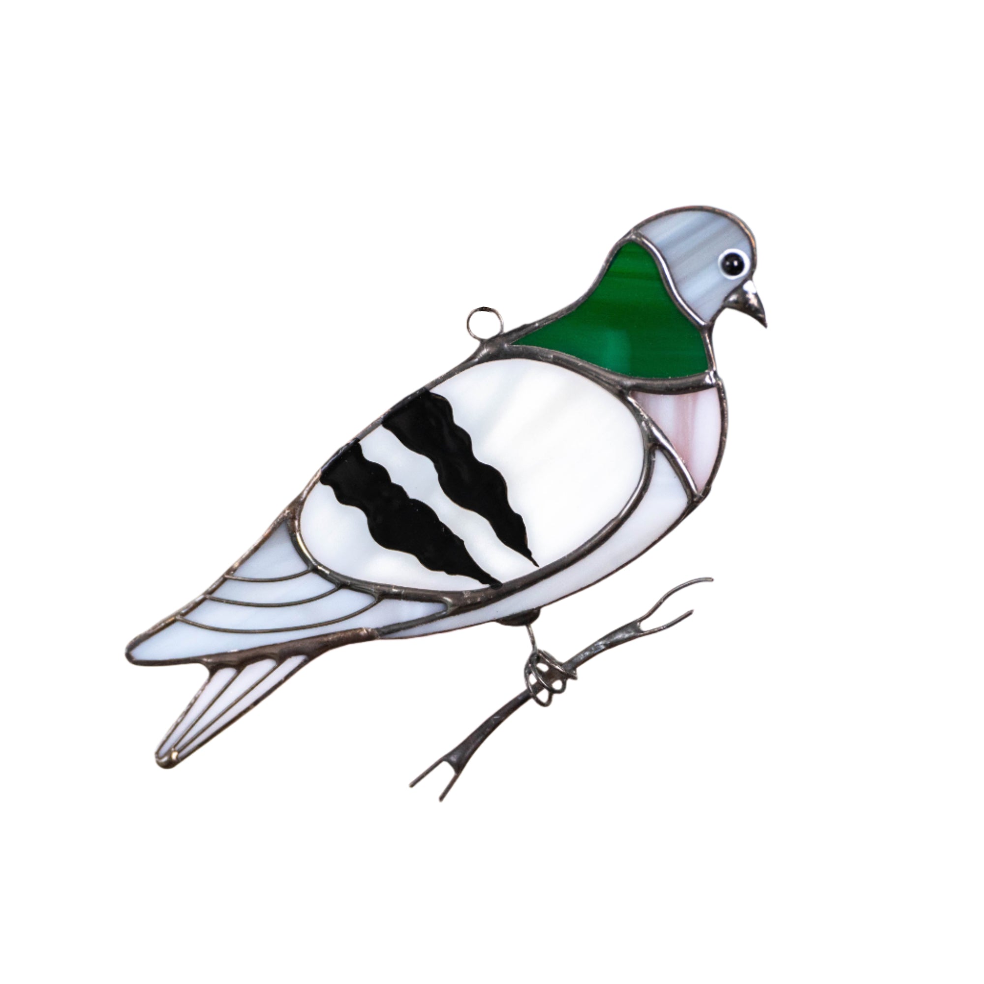 Stained glass pigeon on the branch suncatcher for window