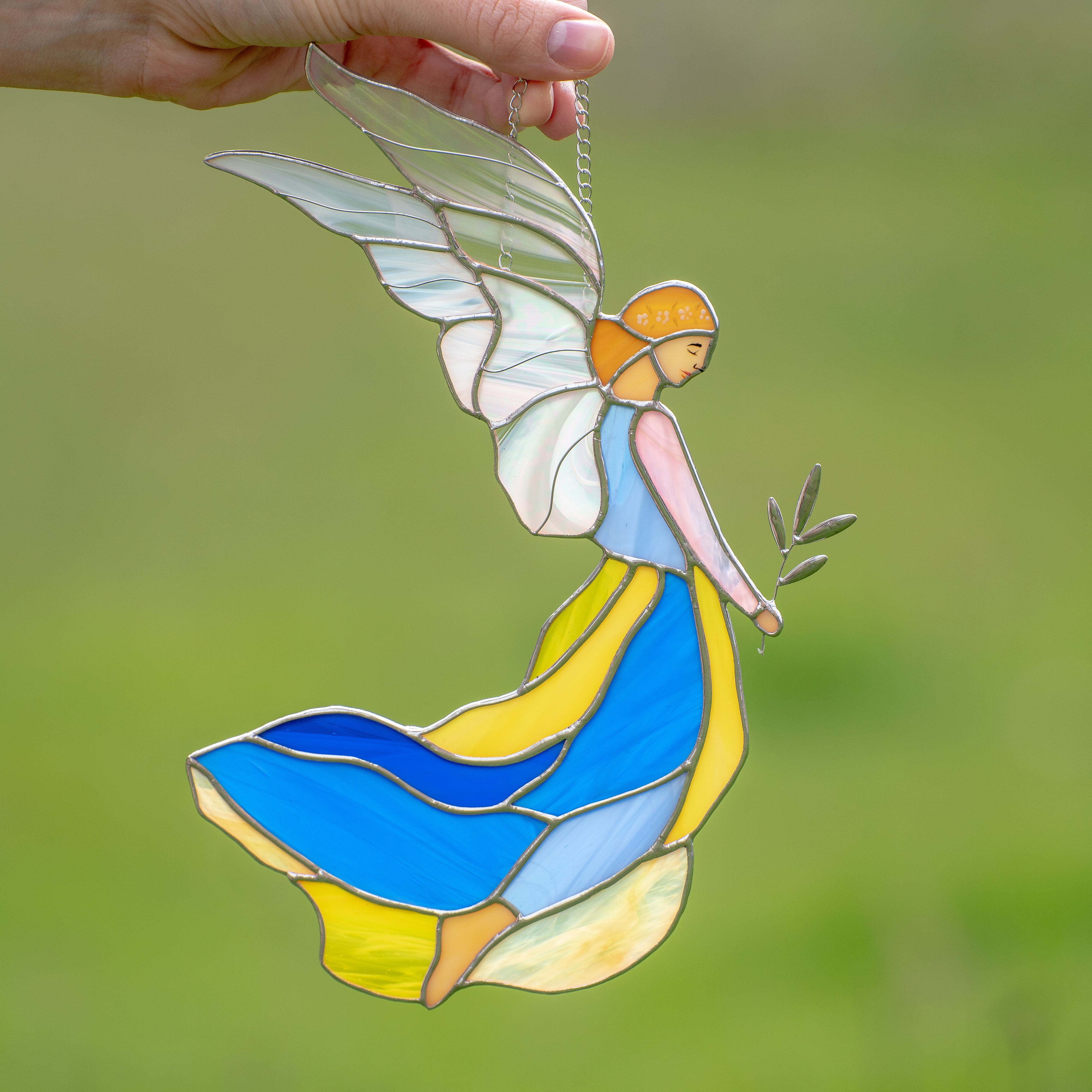 Stained glass girl guardian angel suncatcher