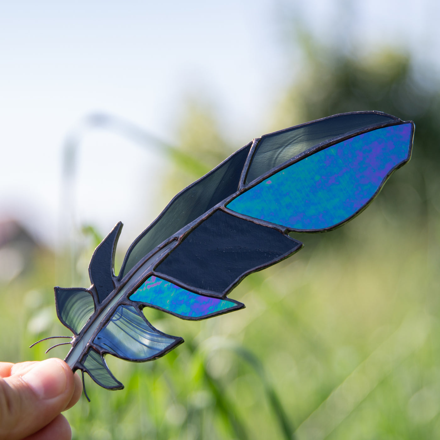 Stained glass raven feather suncatcher for window decoration