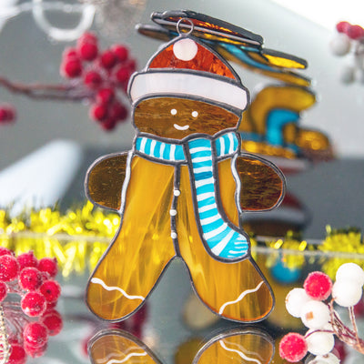 Happy gingerbread cookie suncatcher of stained glass