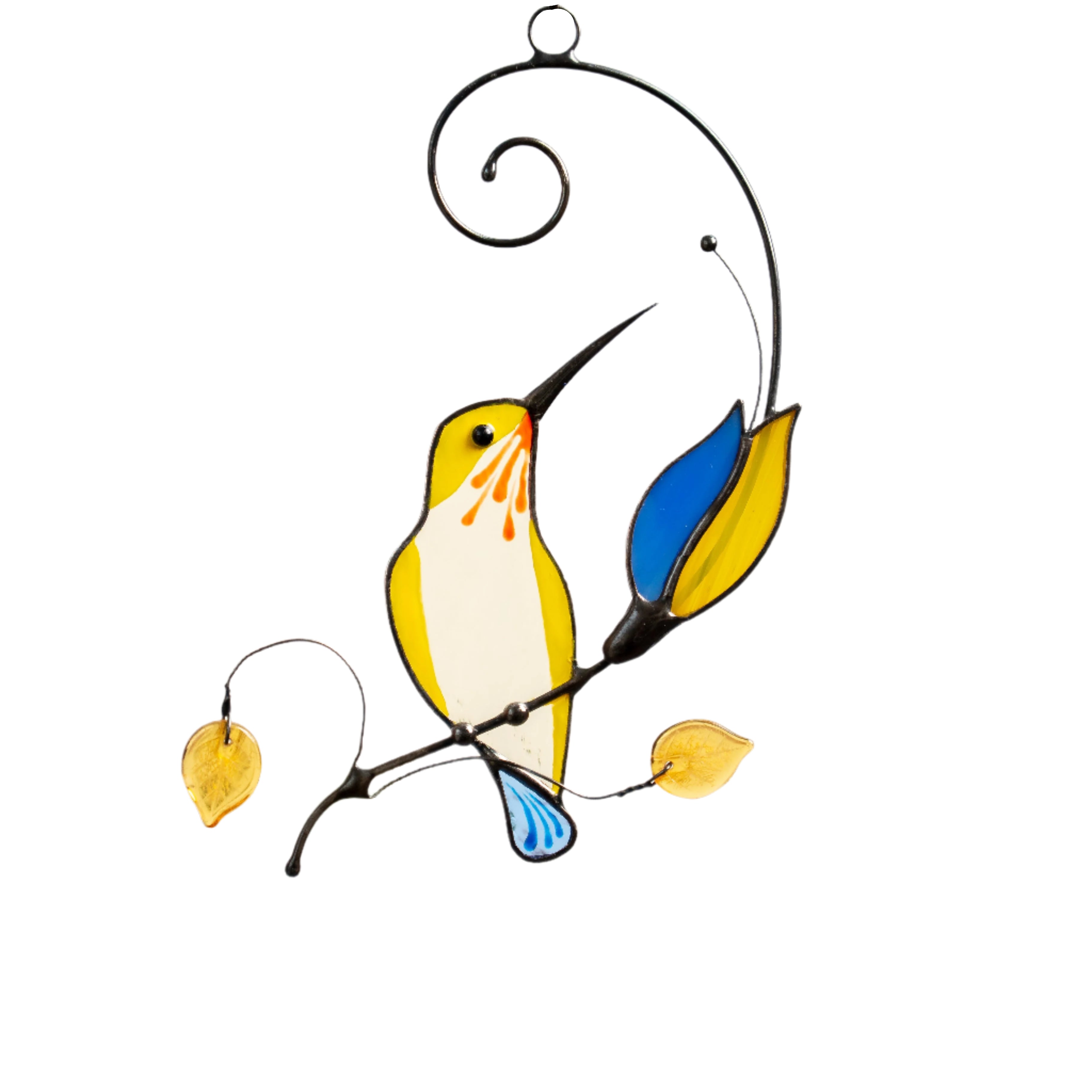Stained glass yellow hummingbird sitting on the branch with blue and yellow flower window hanging