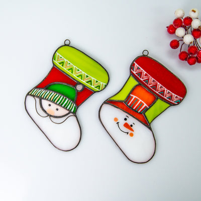 Set of two stained glass Christmas stockings 