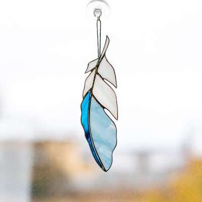 Stained glass sky-blue feather suncatcher for window decor