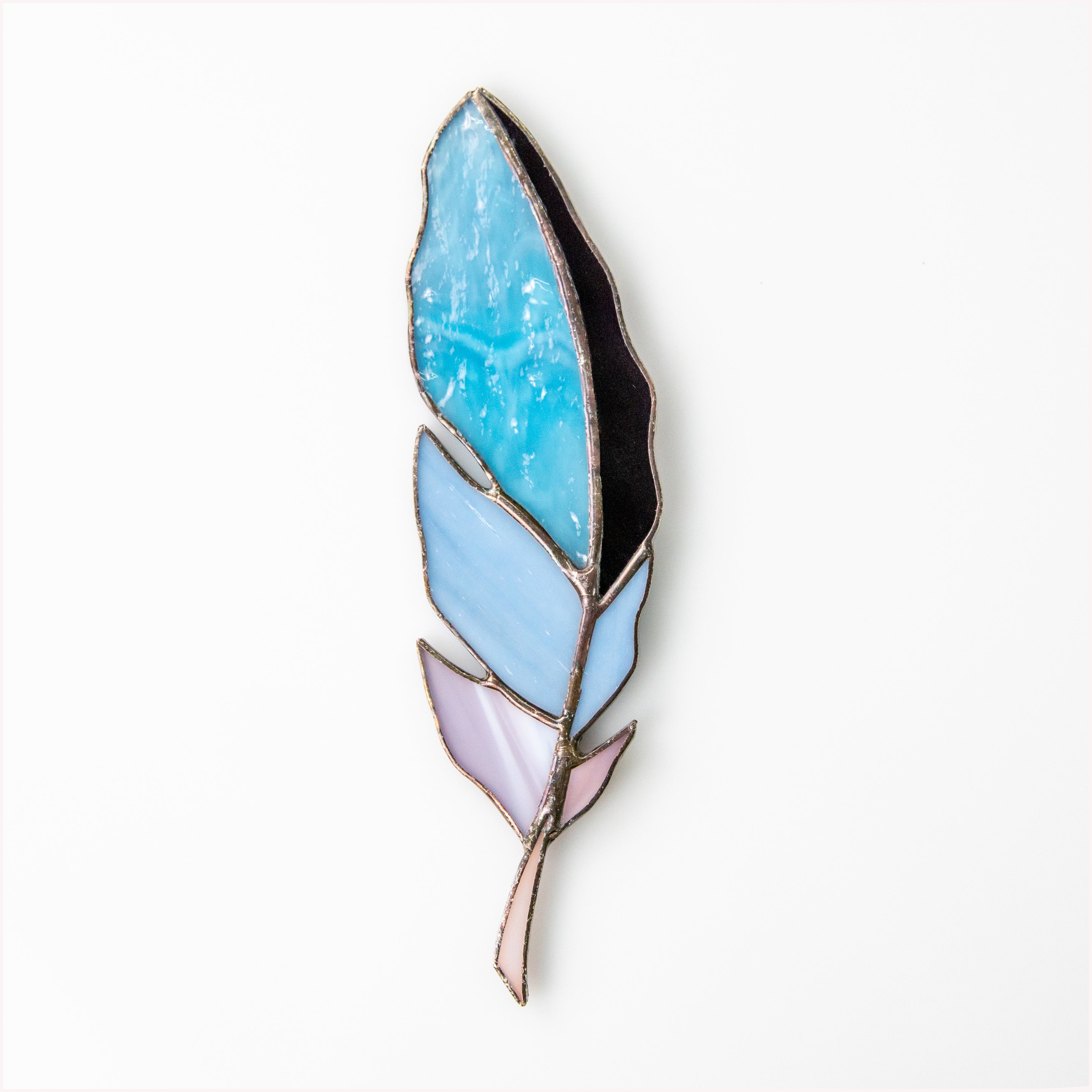 Blue with shades of purple stained glass feather suncatcher for home decor