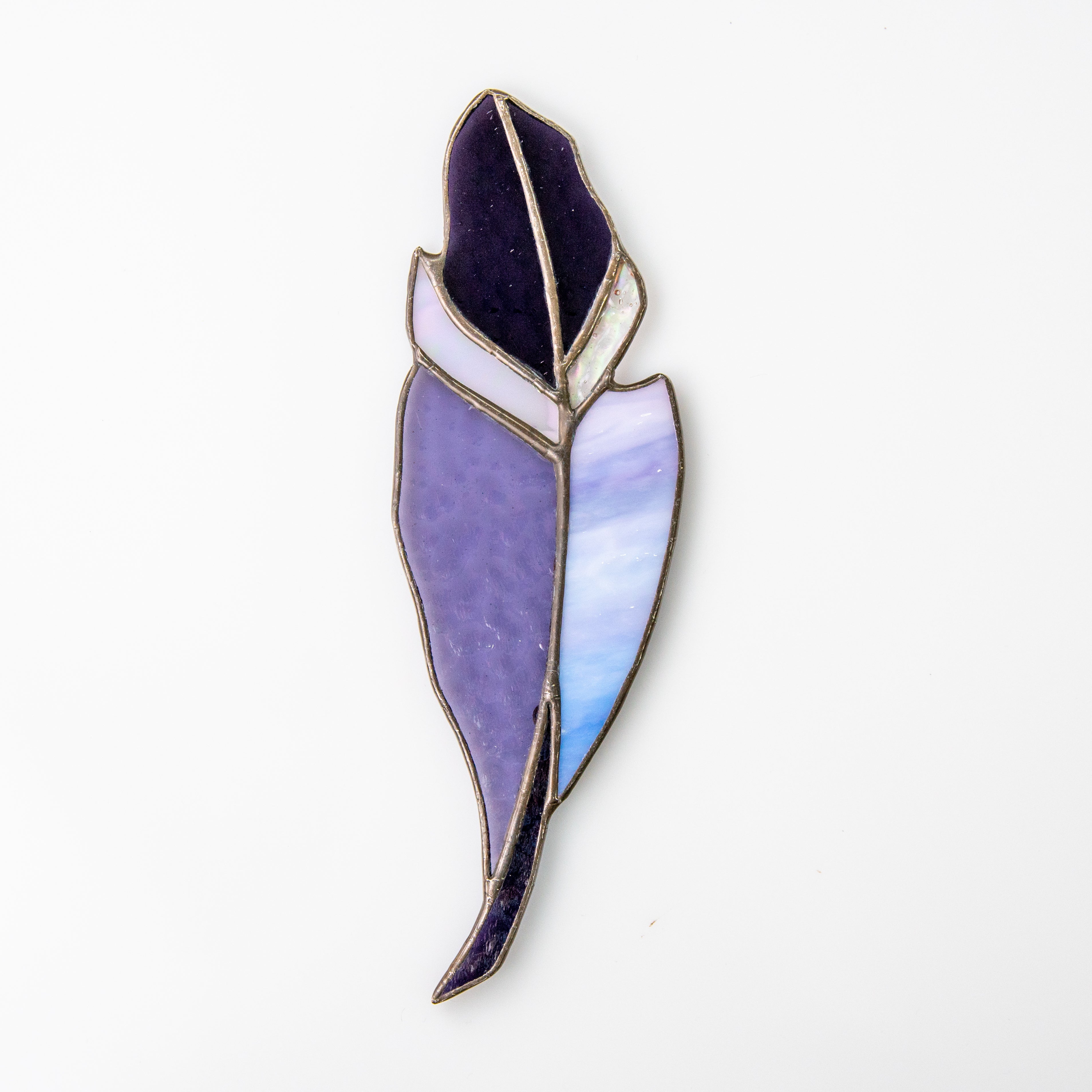 Purple stained glass feather suncatcher for home window decor