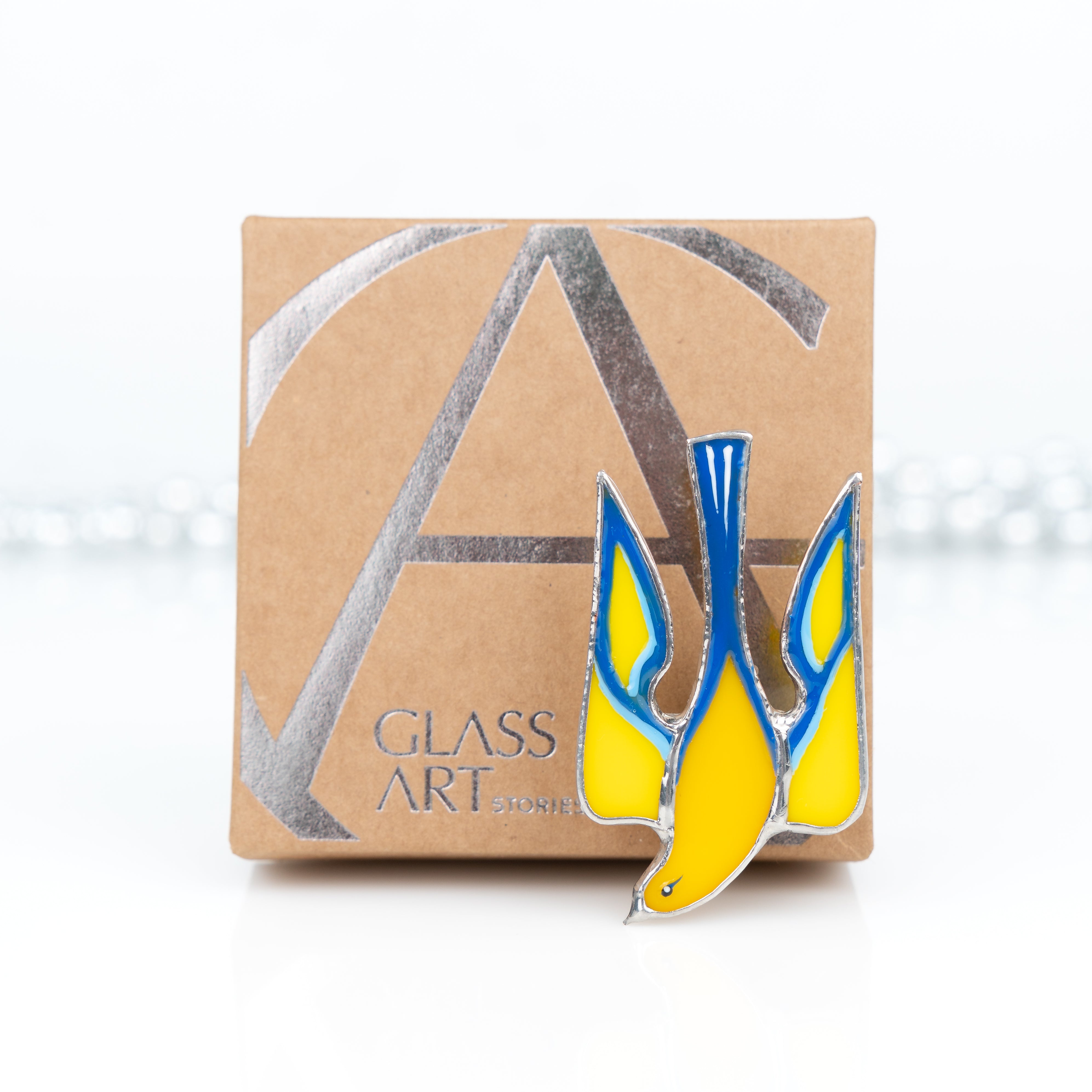 Stained glass Ukrainian birdie brooch and a brand box