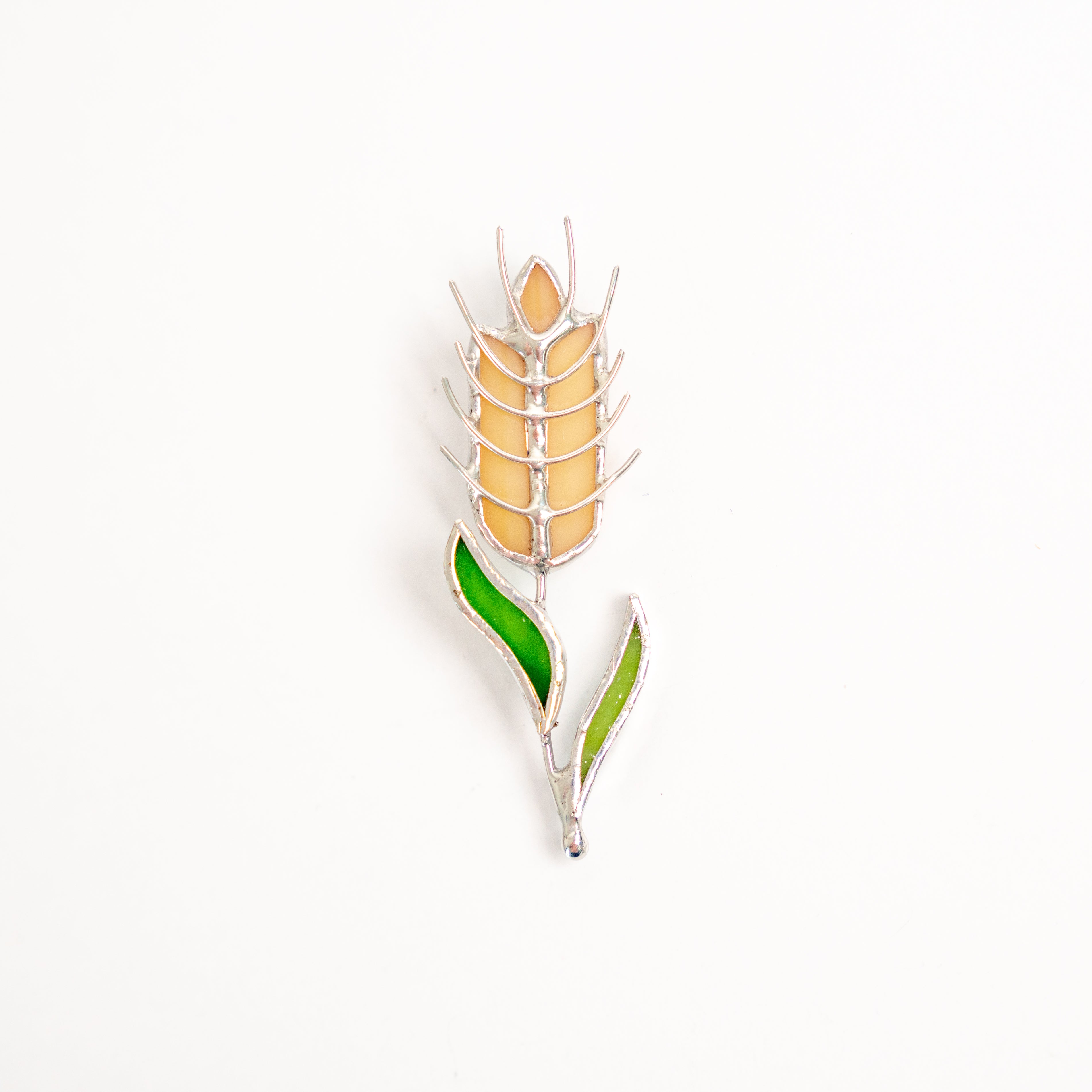 Stained glass wheat with green leaves brooch