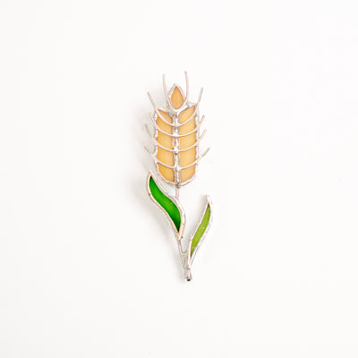 Stained glass wheat with green leaves brooch 