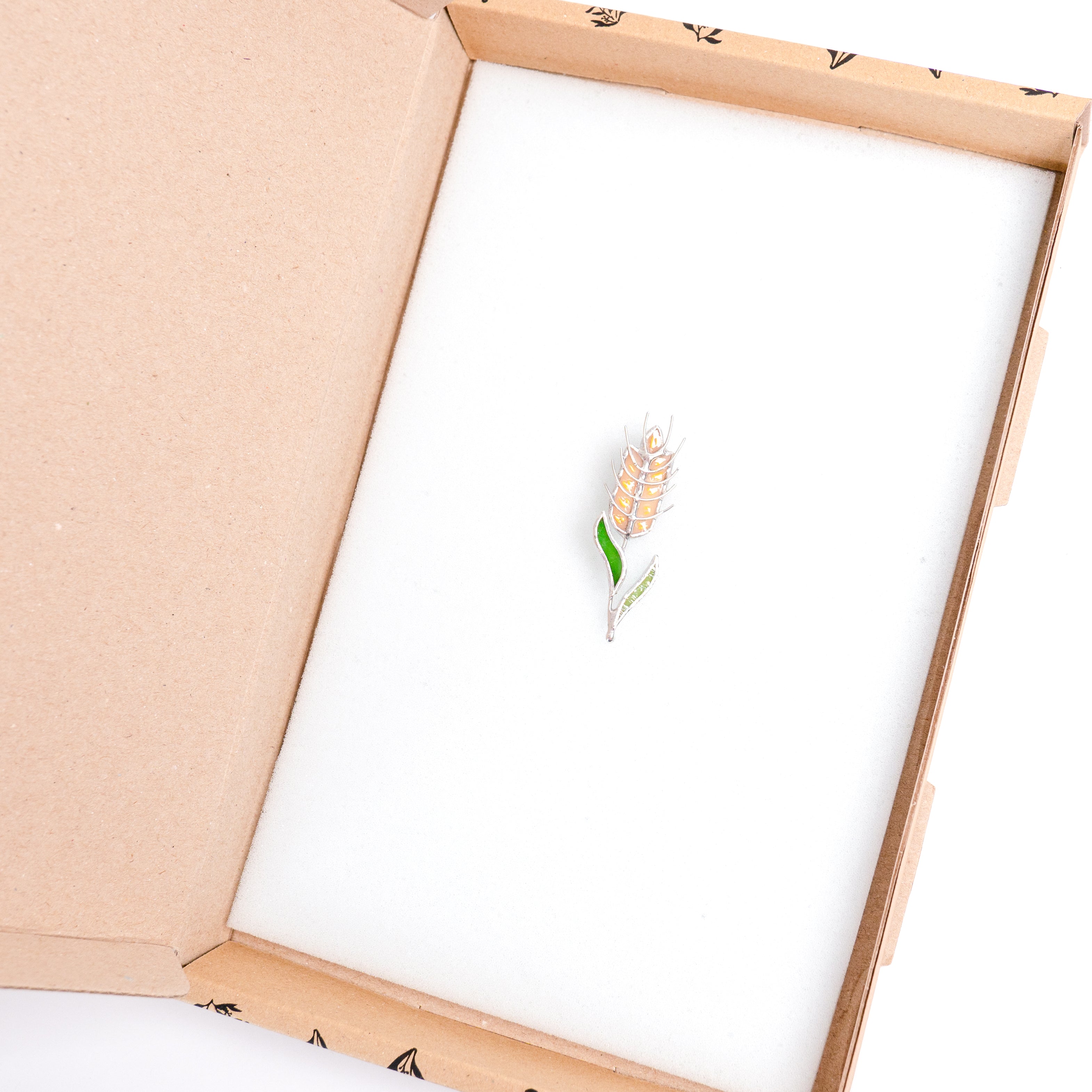 Stained glass wheat pin in a brand box