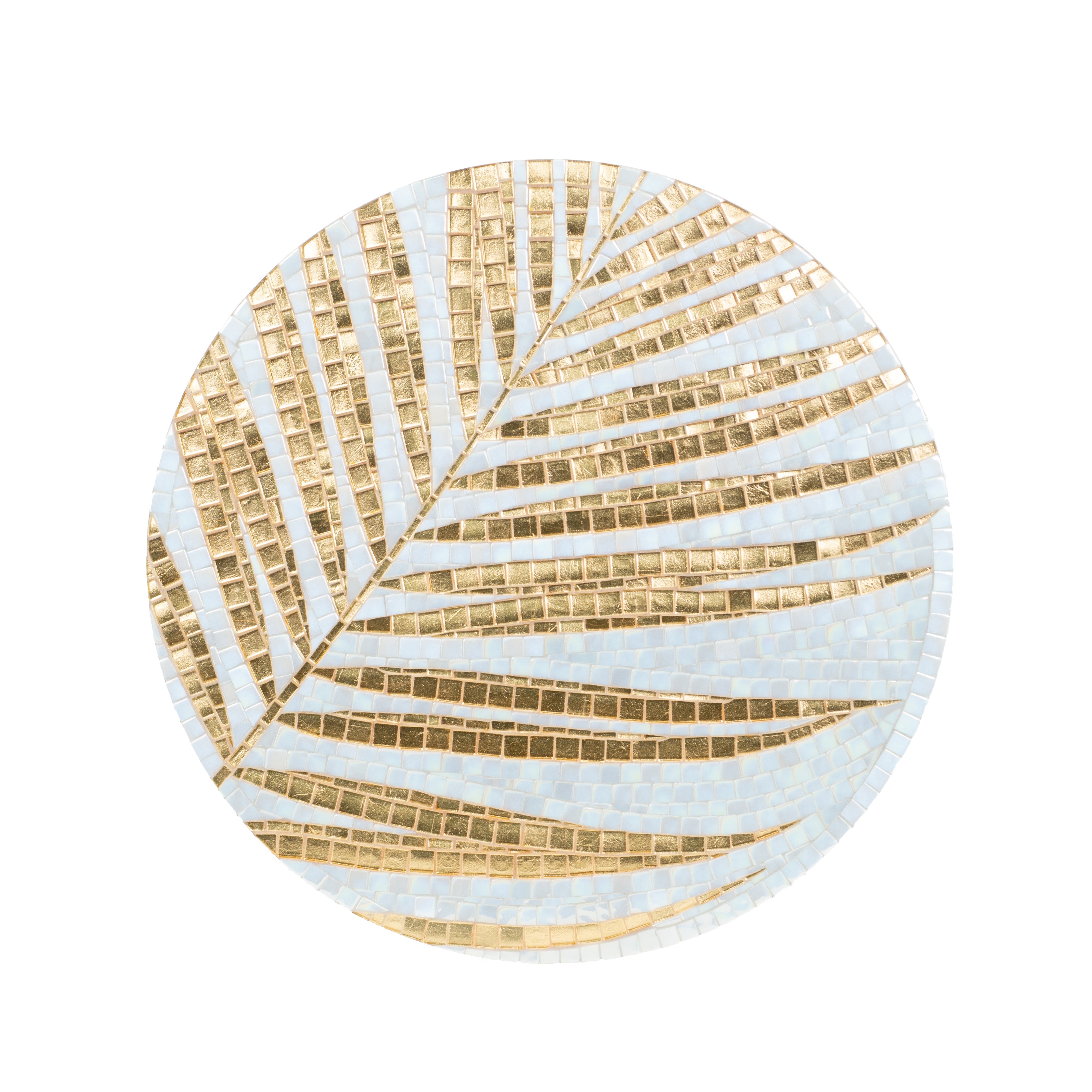 Top view of stained glass mosaic coffee table depicting golden palm