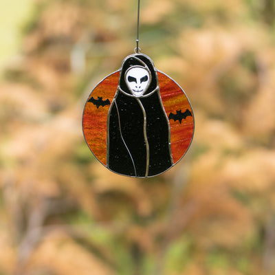 Grim Reaper with the orange moon and bats window hanging of stained glass