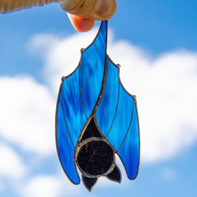 Stained glass blue sleeping bat suncatcher