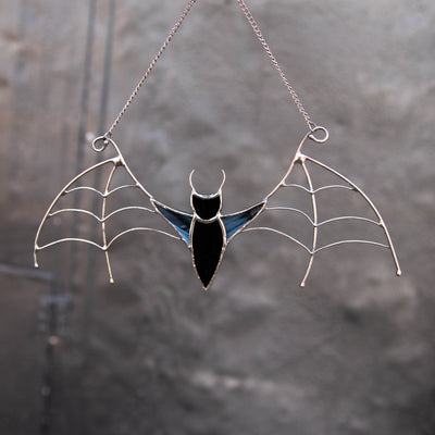 Spooky stained glass black bat window hanging 