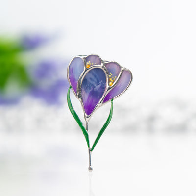 Purple crocus stained glass flower brooch 