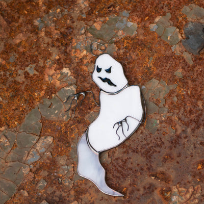 Halloween stained glass crooked ghost suncatcher