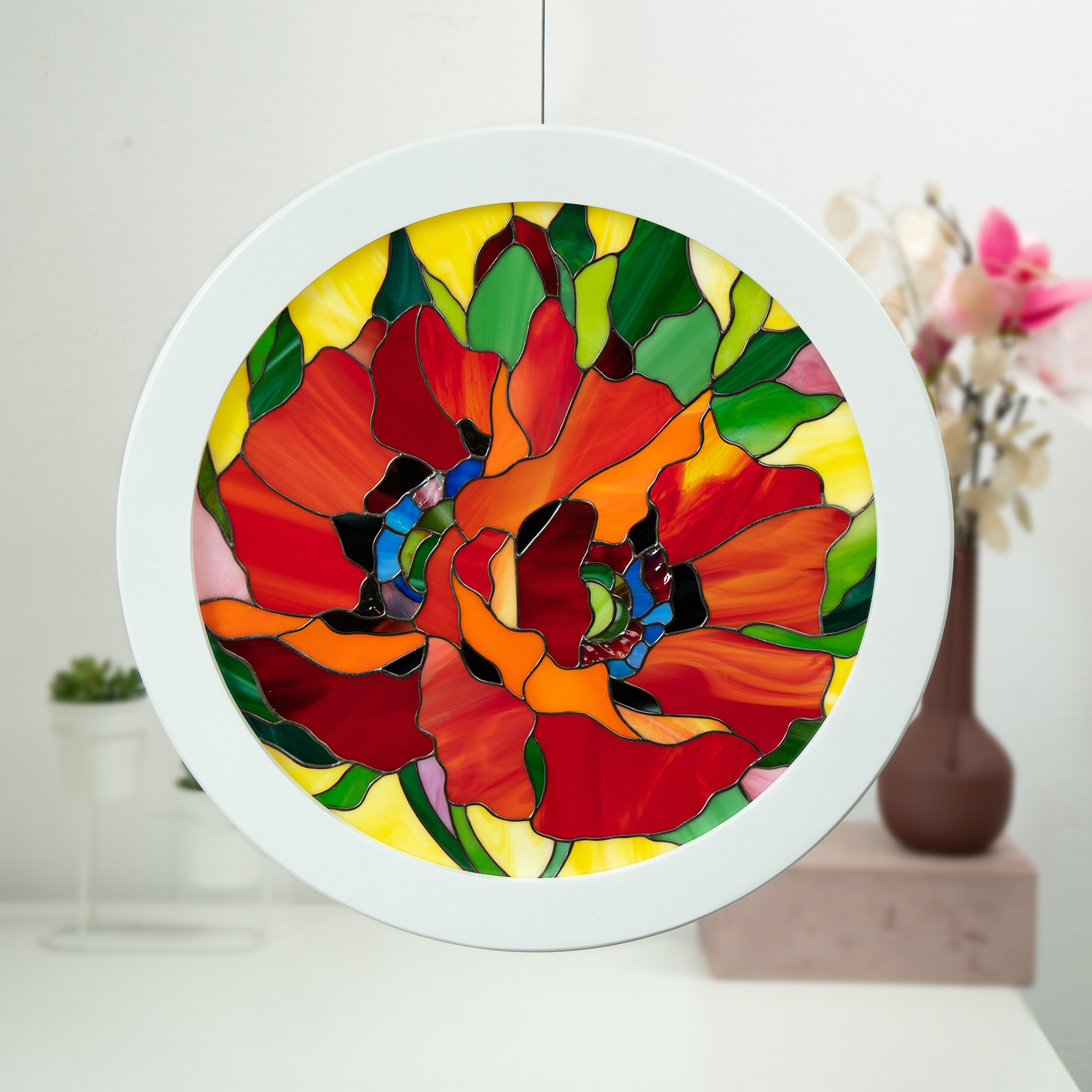 Stained glass red poppies window hanging