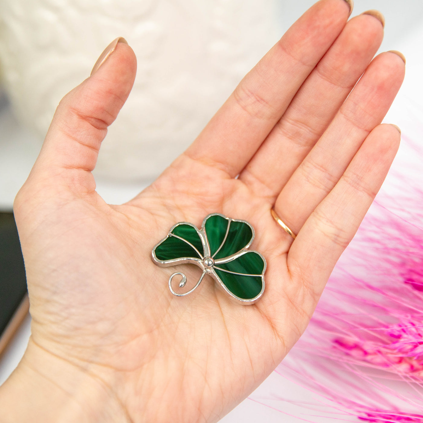 Three leaf clover pin of stained glass