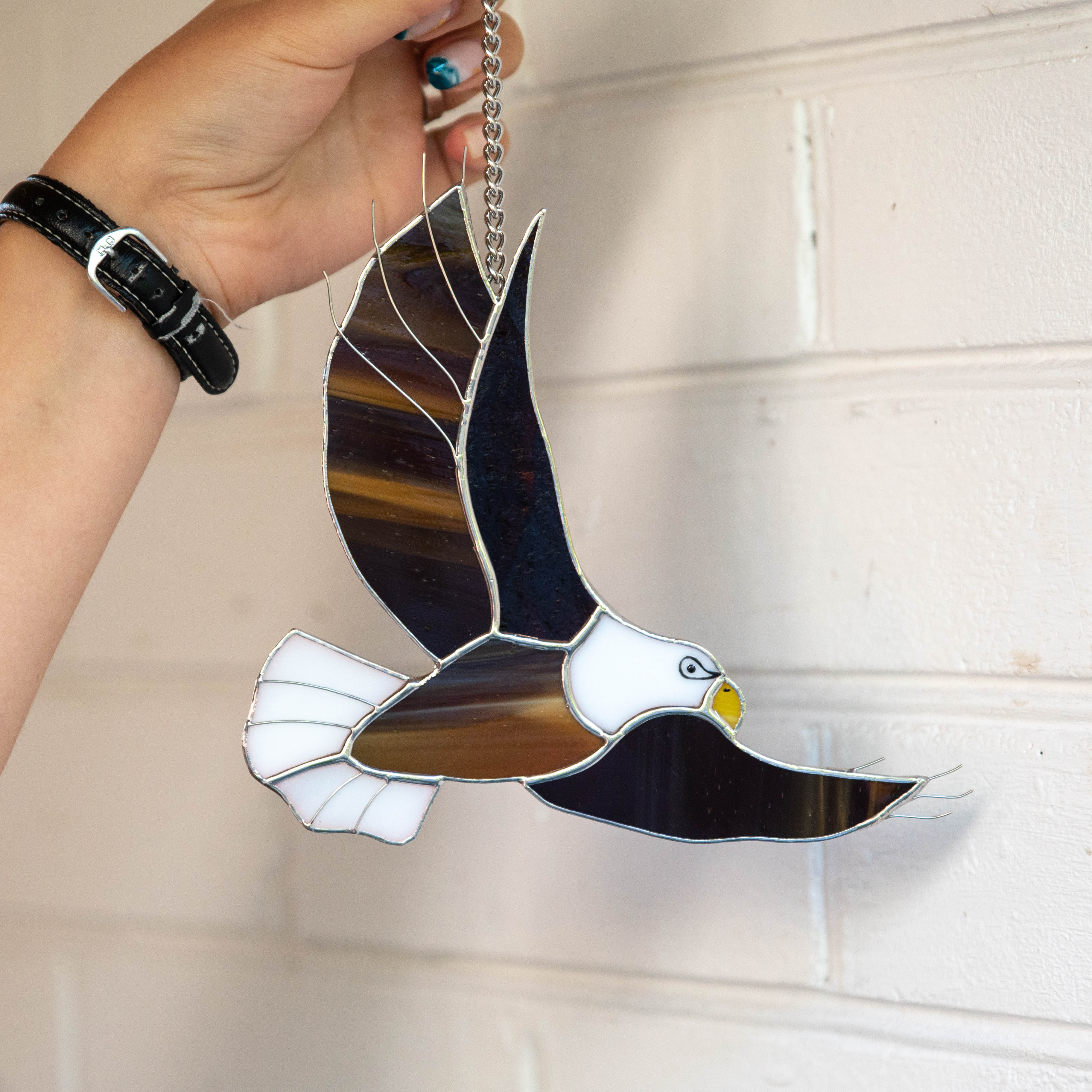 Stained glass flying eagle window hanging