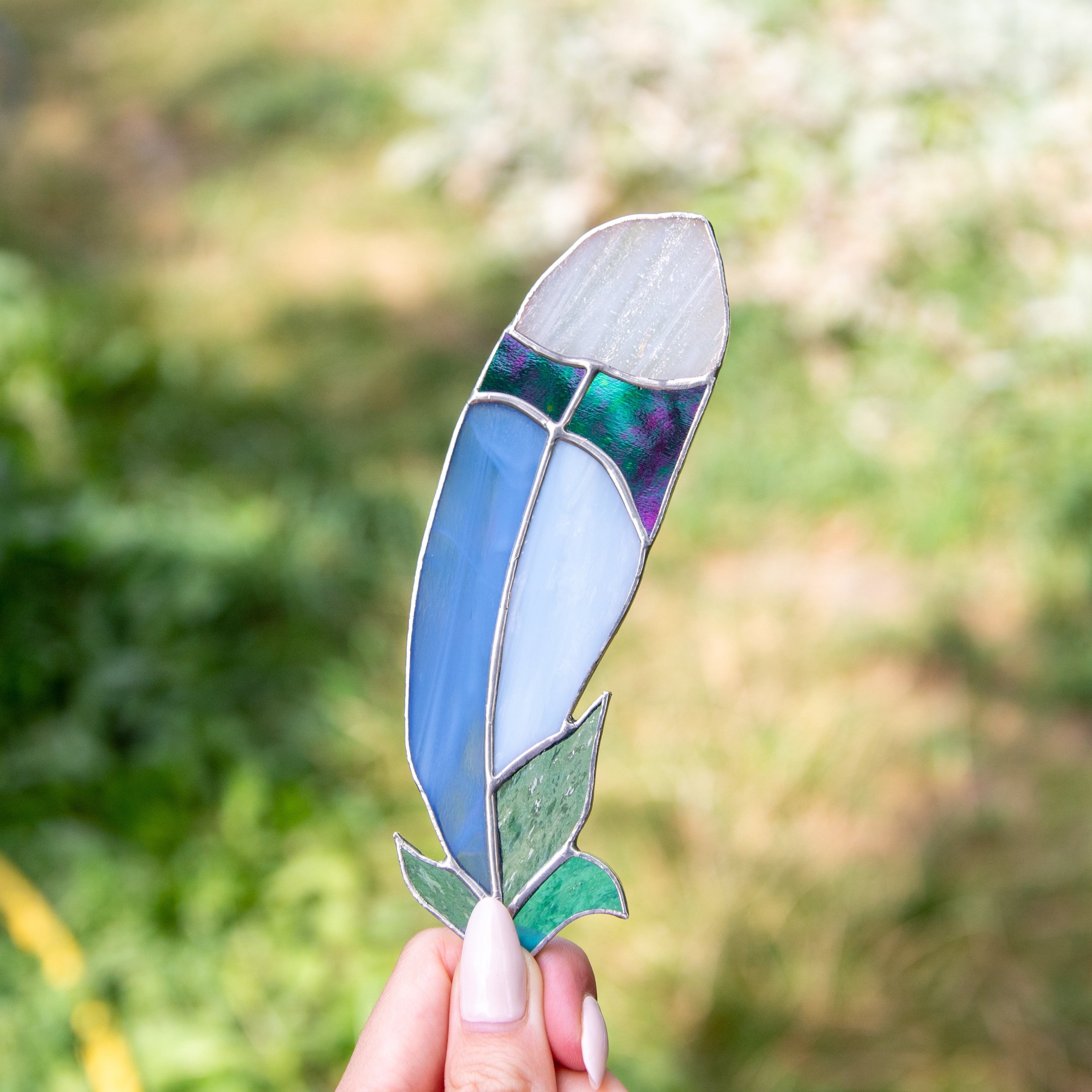 Stained glass bluejay feather suncatcher for window