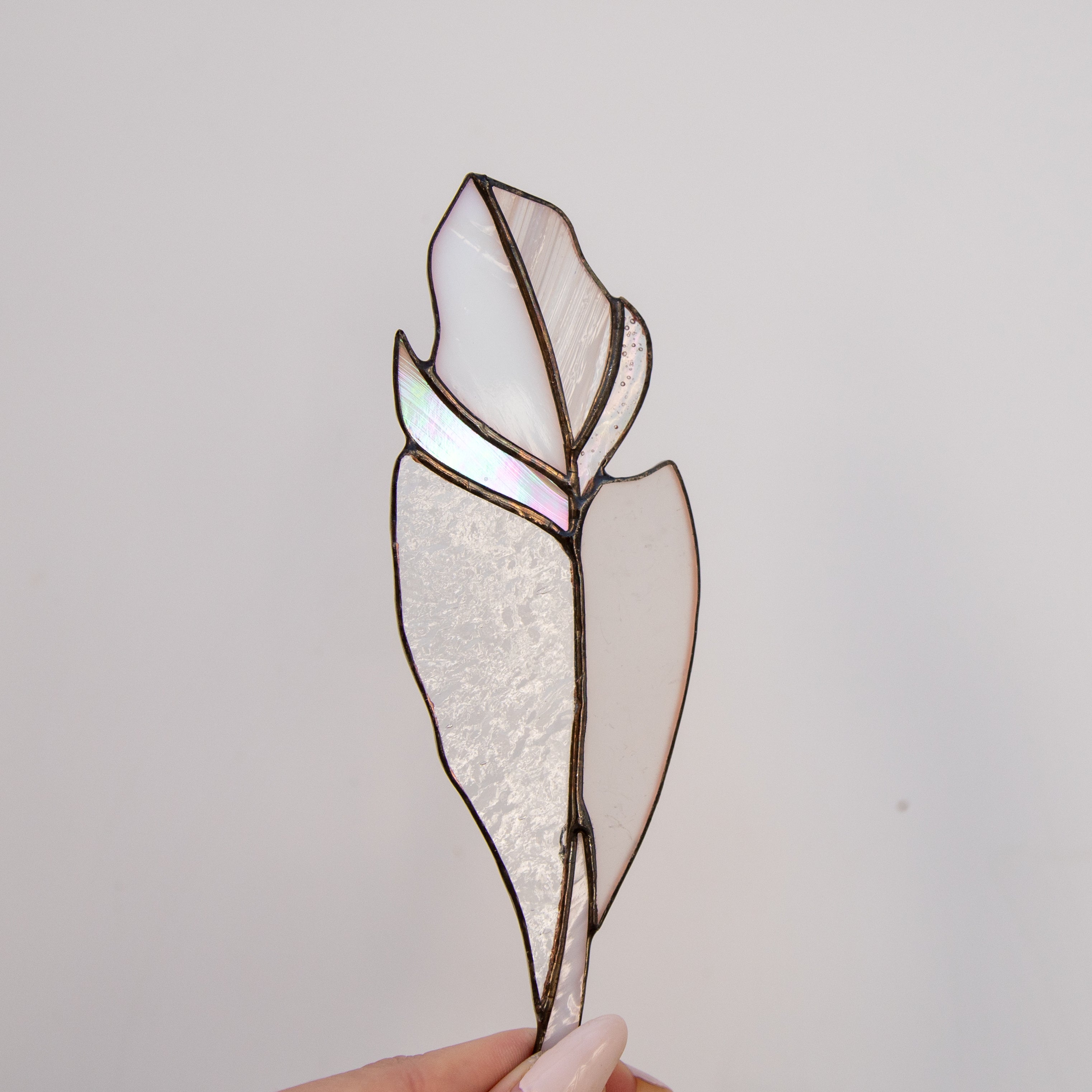 Stained glass clear with iridescent parts feather suncatcher for window decoration
