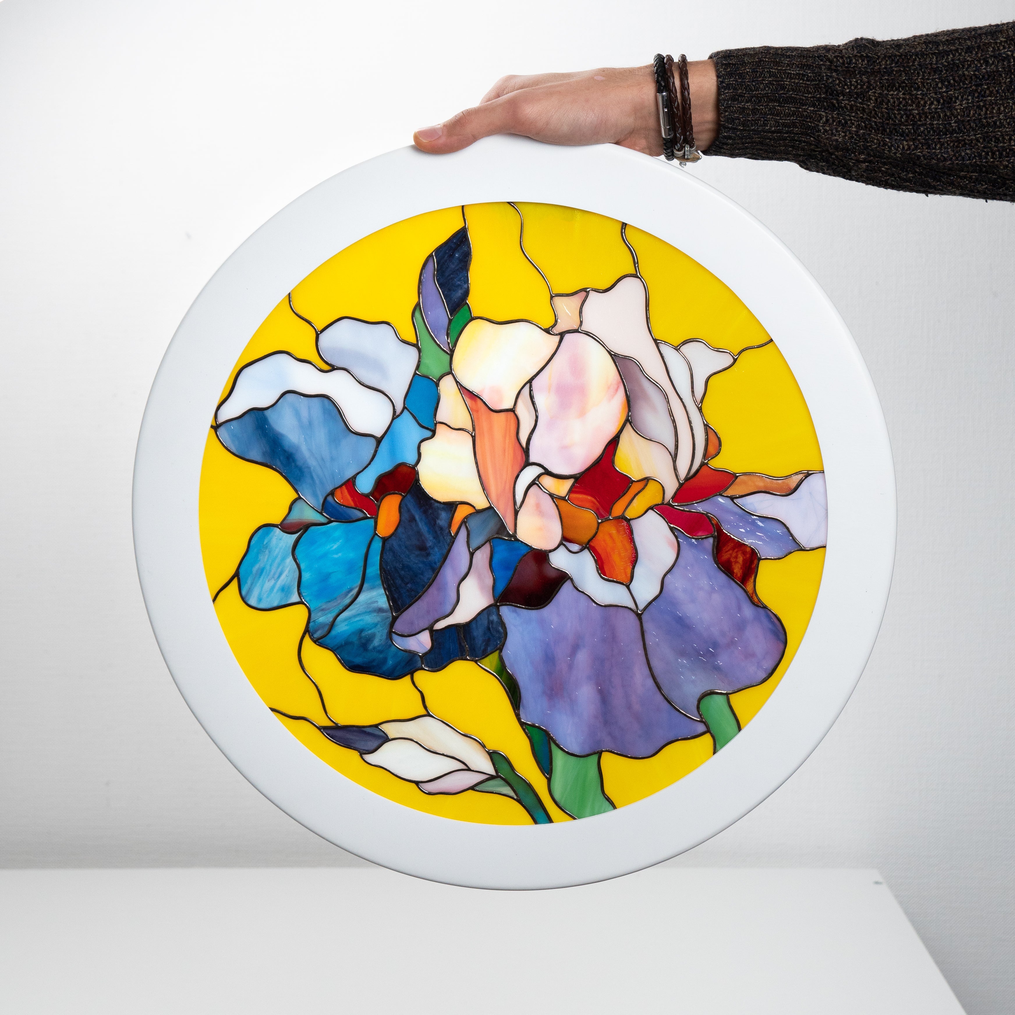 Stained glass irises window panel