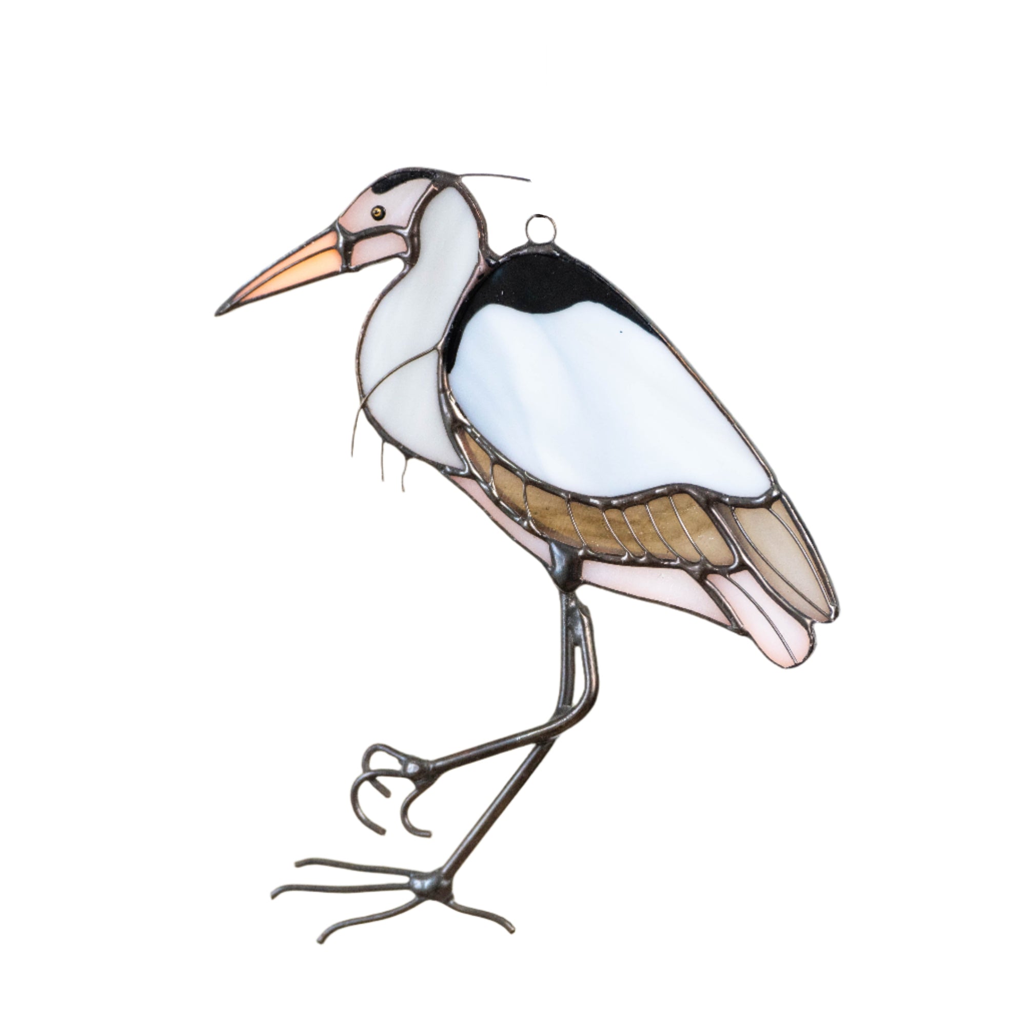 Stained glass blue Herron looking left window hanging