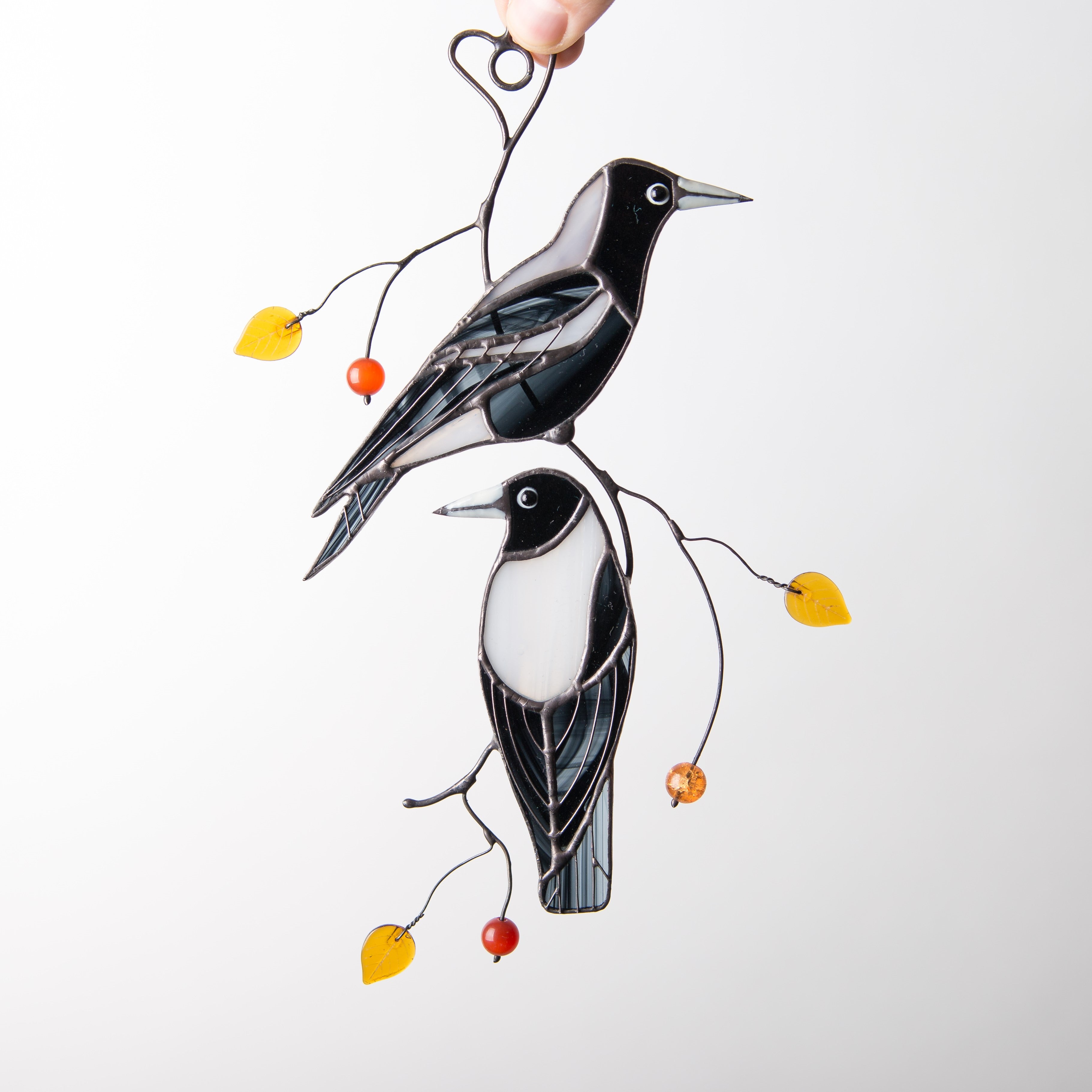 2 stained glass Australian magpies window hangings