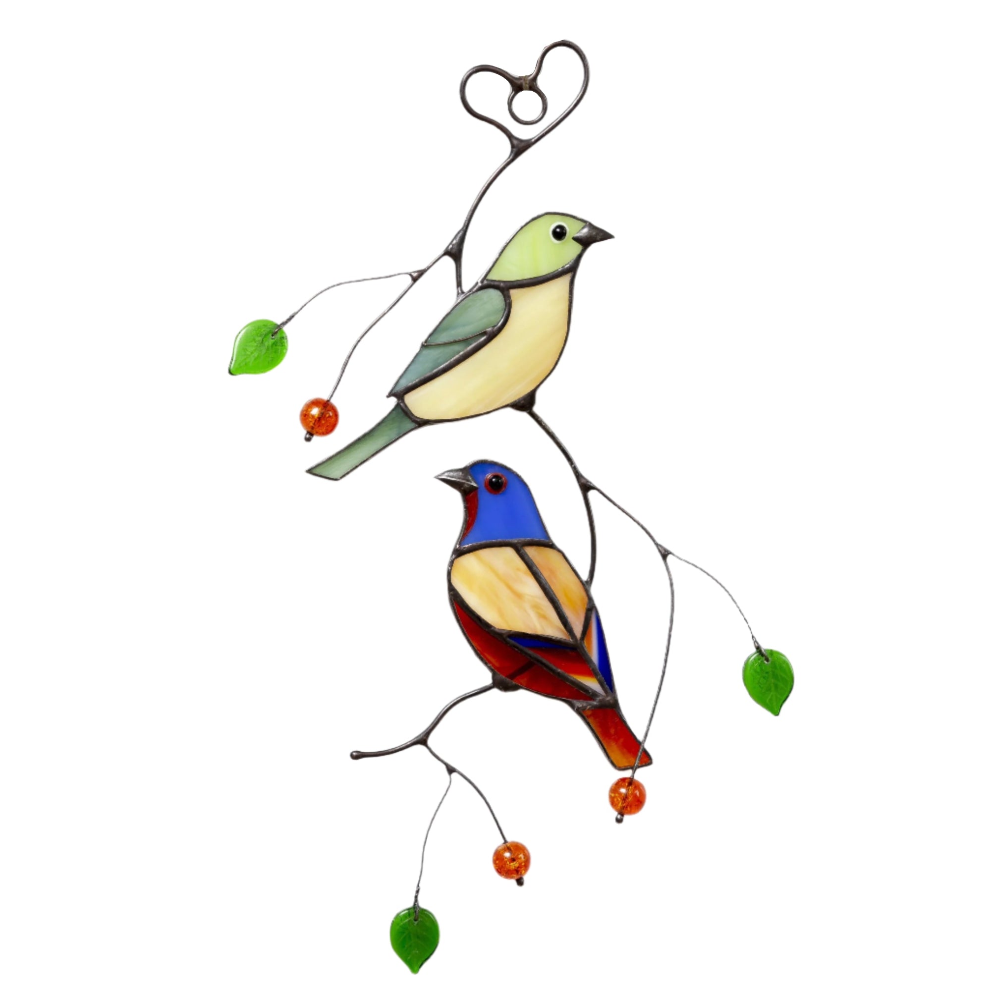 Stained glass bunting birds sitting on the branch with leaves and berries suncatcher