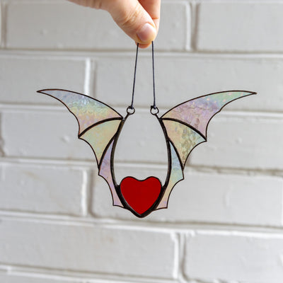 Halloween stained glass heart with iridescent wings window hanging