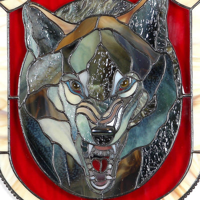 Zoomed stained glass wolf portrait showing his fangs panel