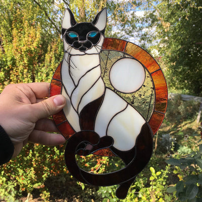 Stained glass Siamese cat window hanging for home decor