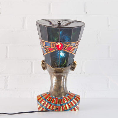 Stained glass hat and necklace of bronze Nefertiti lamp back-view