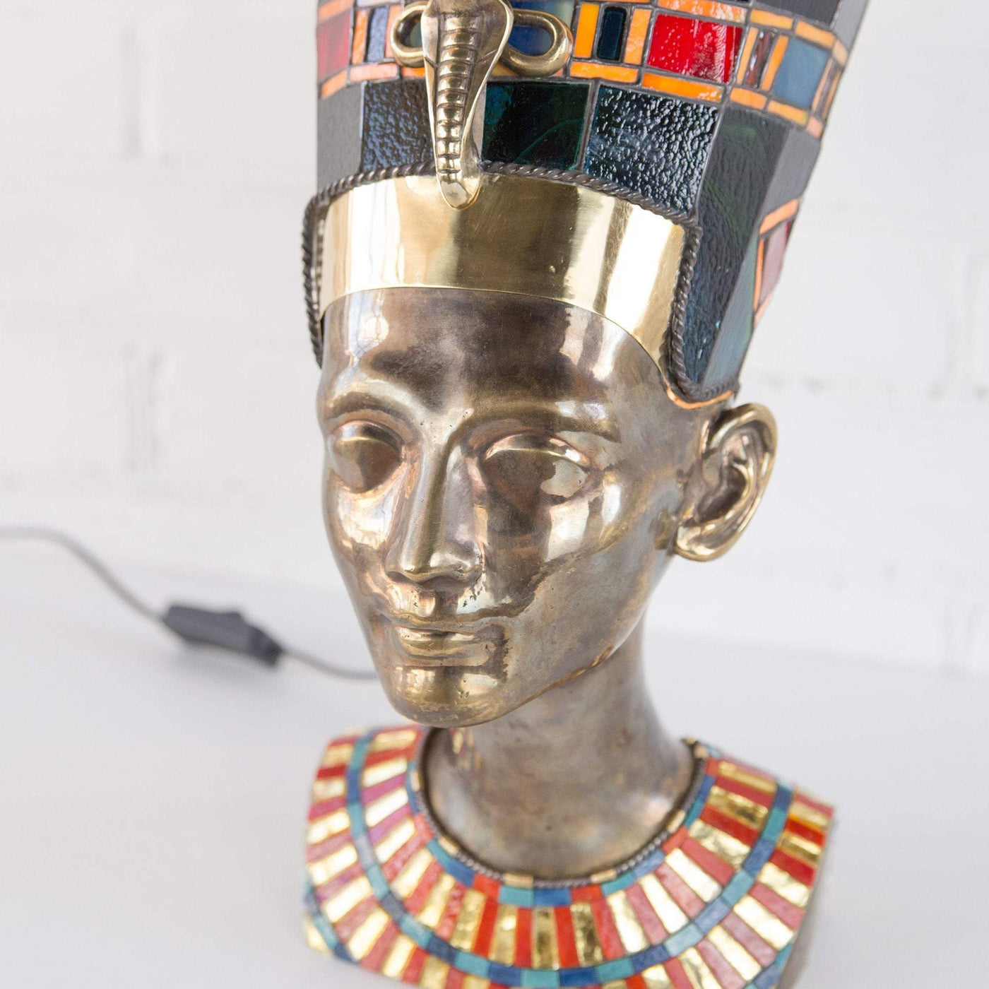 Zoomed bronze Nefertiti lamp with stained glass necklace and hat