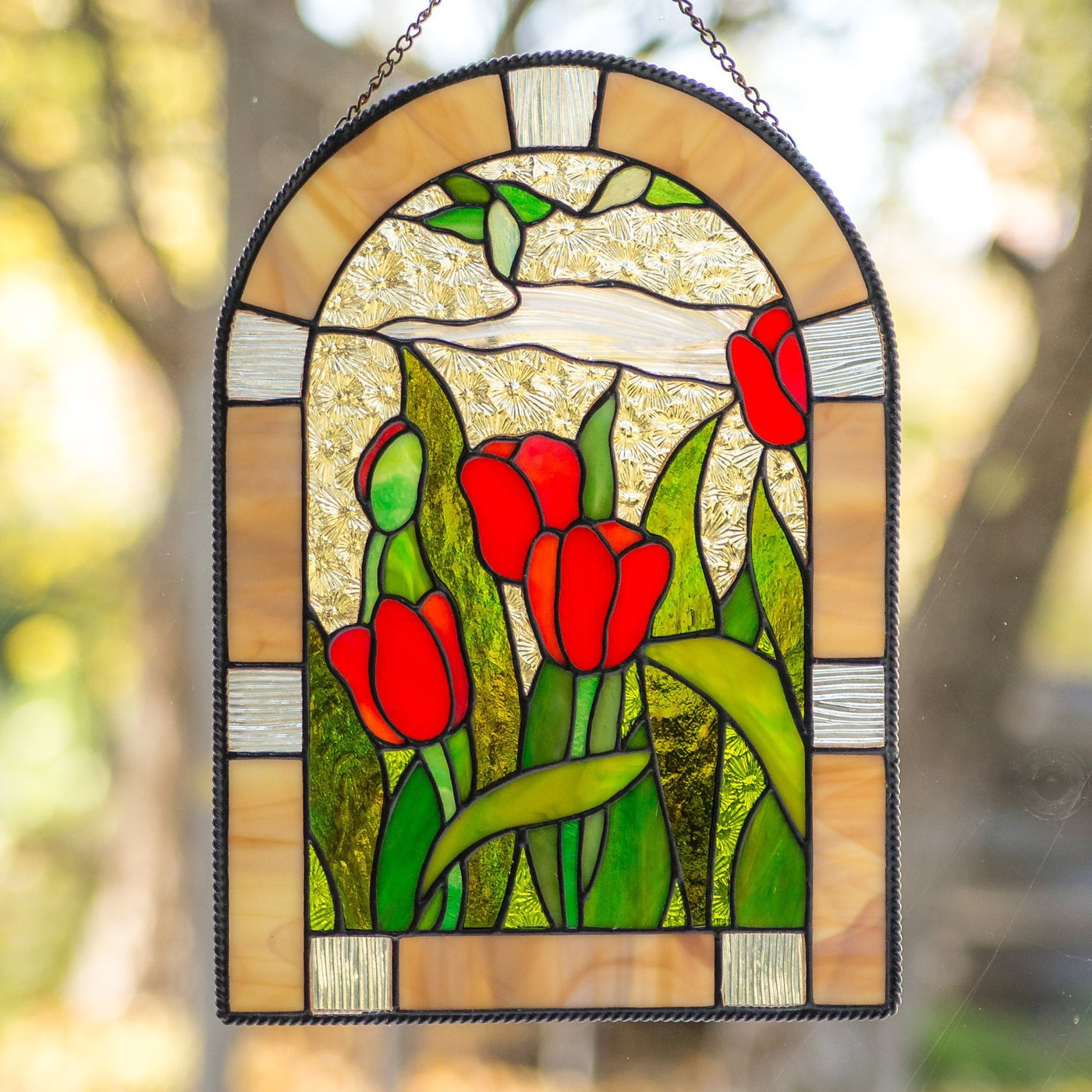 Stained glass red tulips window hanging 