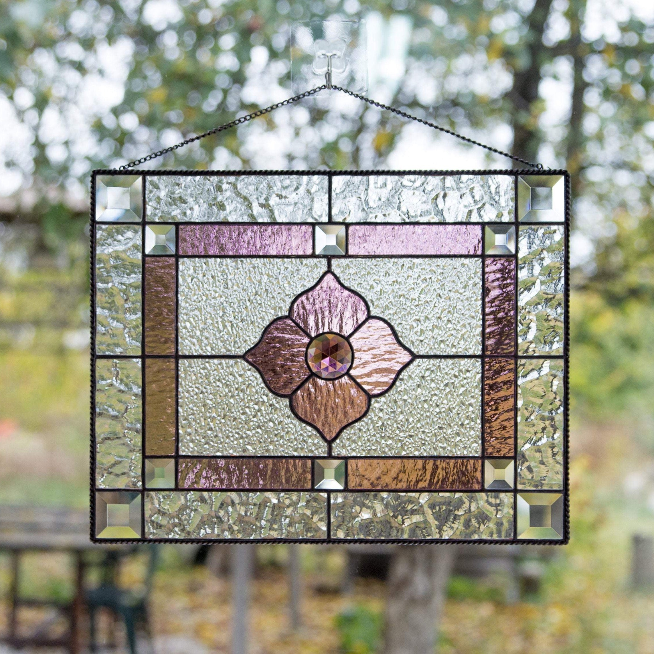 Stained glass clear window hanging with pink and clear inserts