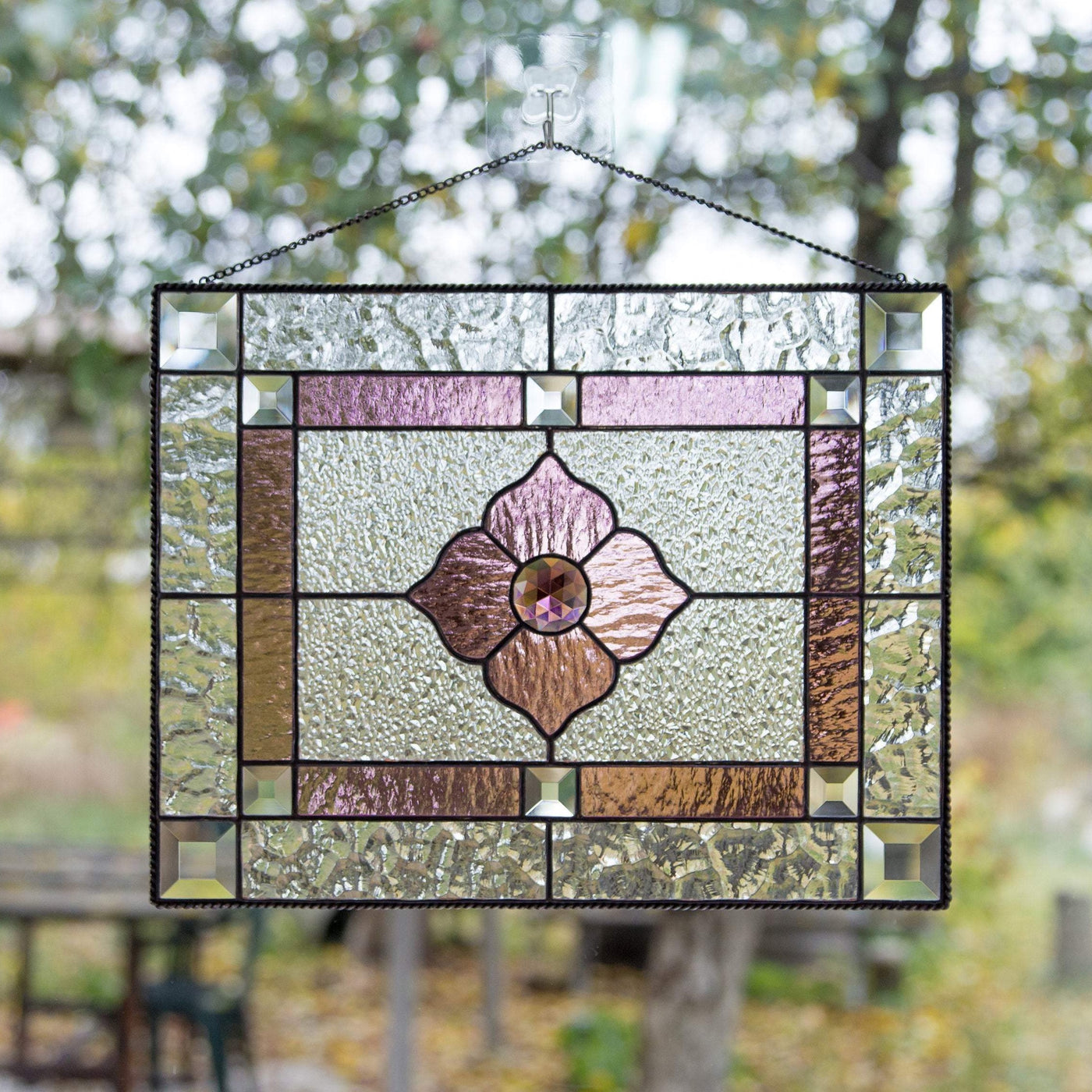 Stained glass clear window hanging with pink and clear inserts 