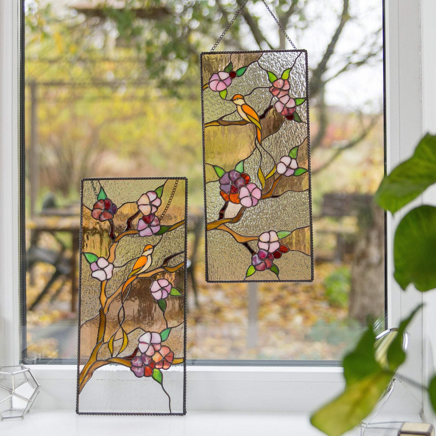 Stained glass panels with cherry blossom pattern