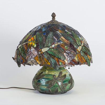 Colourful mosaic stained glass lamp depicting dragonflies