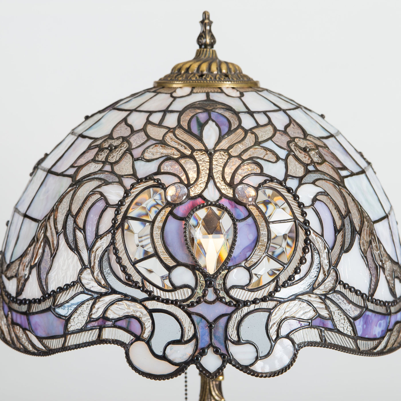 Zoomed stained glass Tiffany lampshade with purple markings and beveled inserts