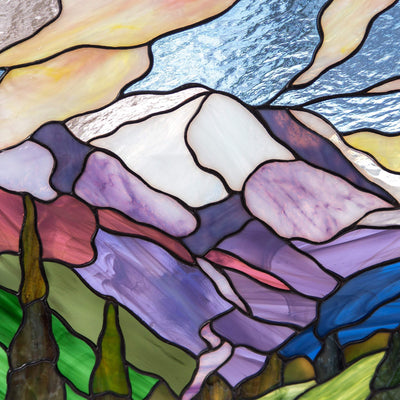 Zoomed stained glass panel of mount Rainier national park