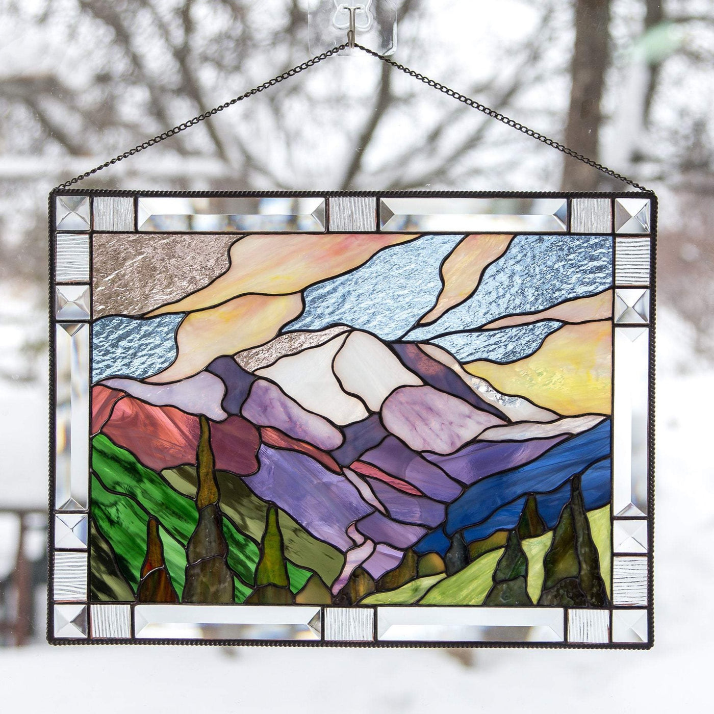 Stained glass panel depicting Mount Rainier national park for home decoration