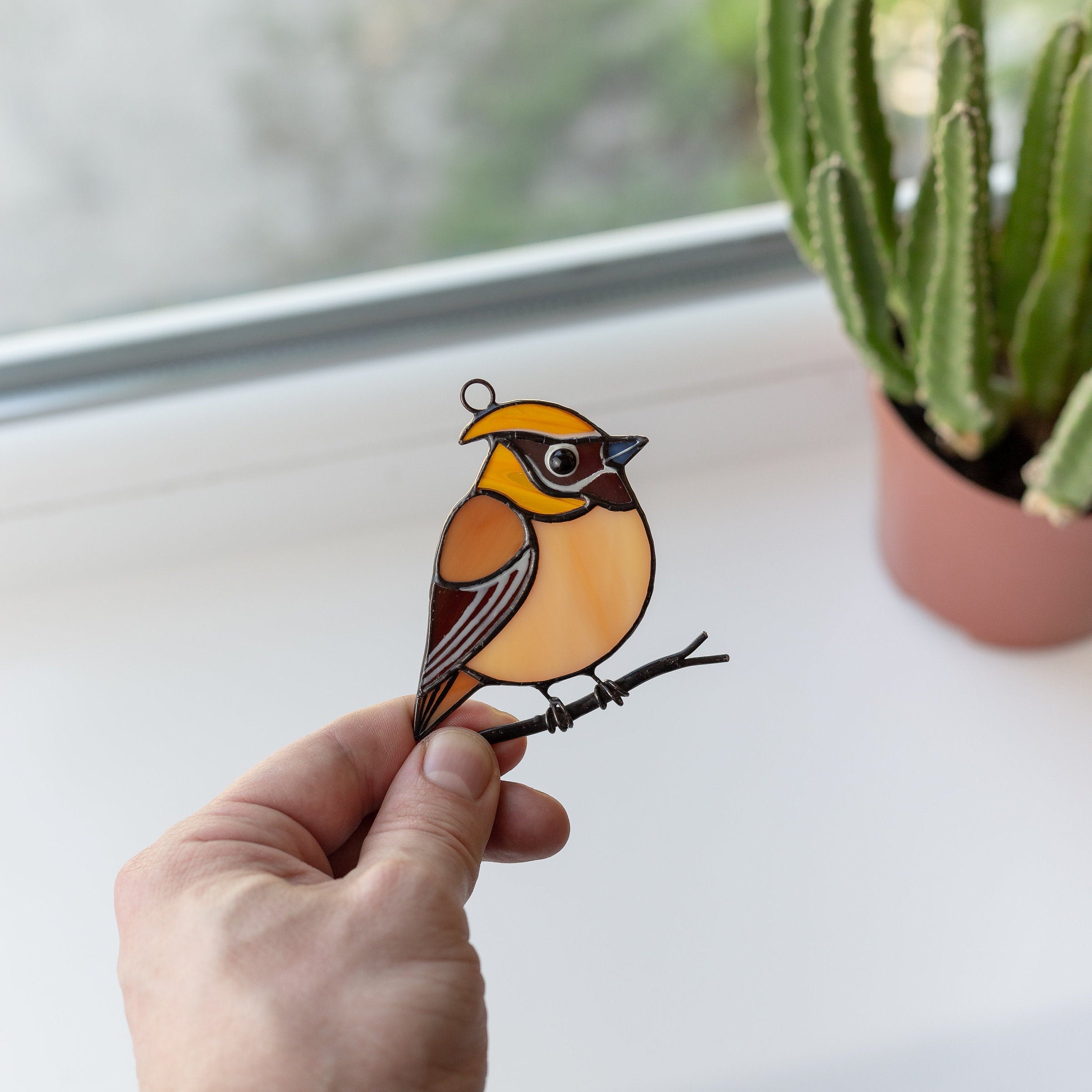 Cedar waxwing stained glass suncatcher grandma gift Custom stained glass window hangings fat bird light catcher