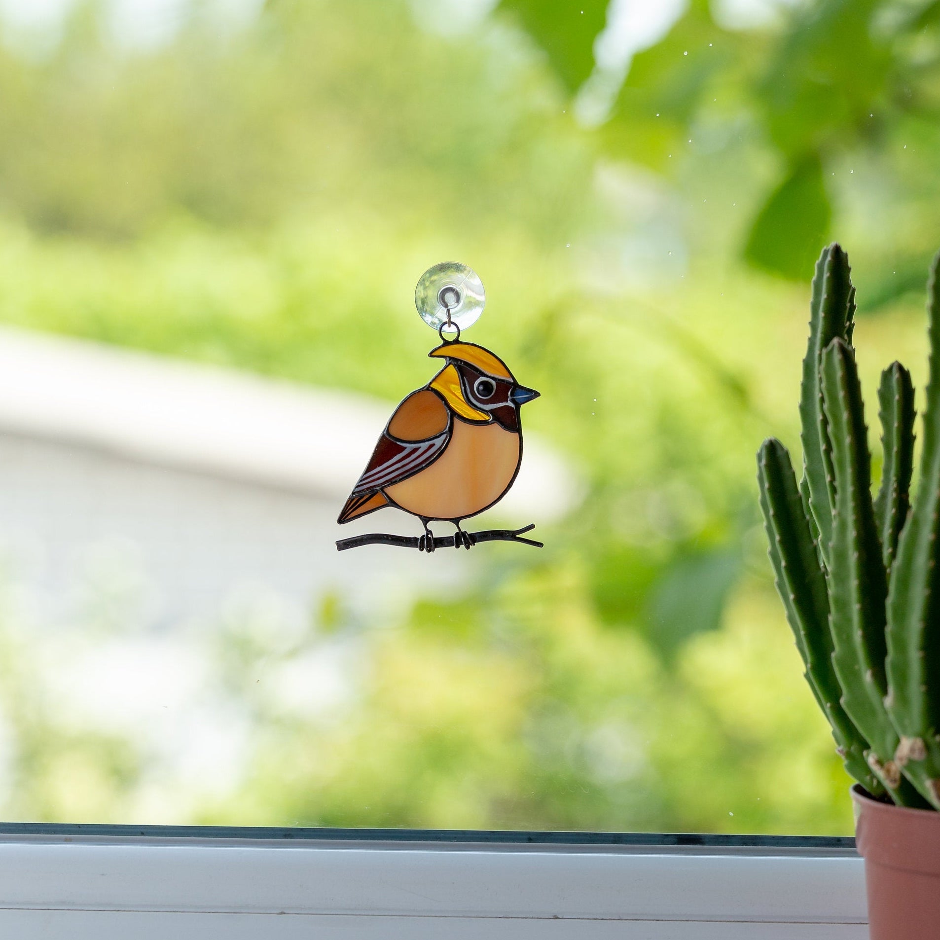Cedar waxwing stained glass suncatcher grandma gift Custom stained glass window hangings fat bird light catcher