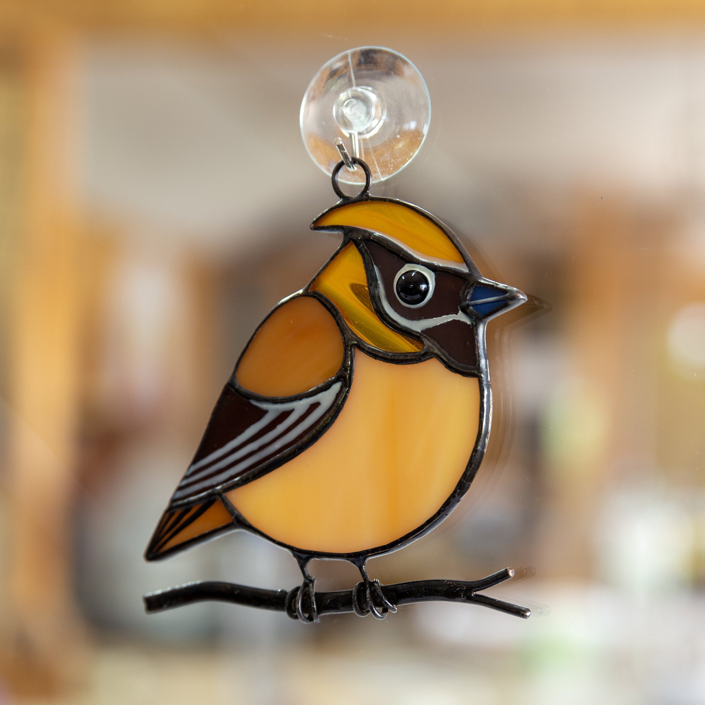 Cedar waxwing stained glass suncatcher grandma gift Custom stained glass window hangings fat bird light catcher