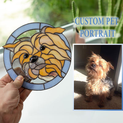 Stained glass custom pet portrait depicting Yorkshire terrier
