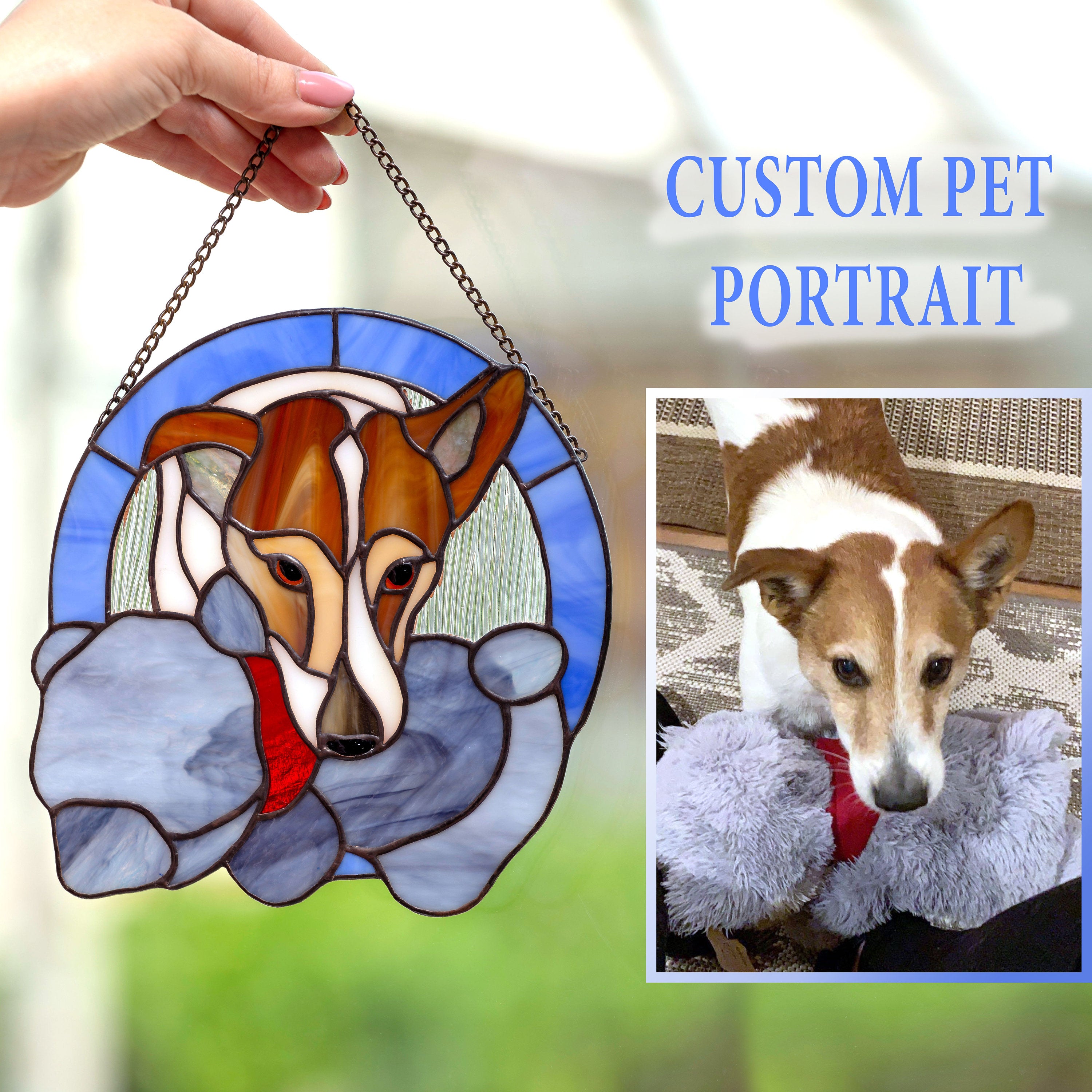 Stained glass portrait of a dog with its teddy bear