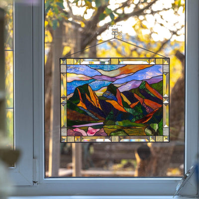 Three Sisters Mountain stained glass window hanging panel