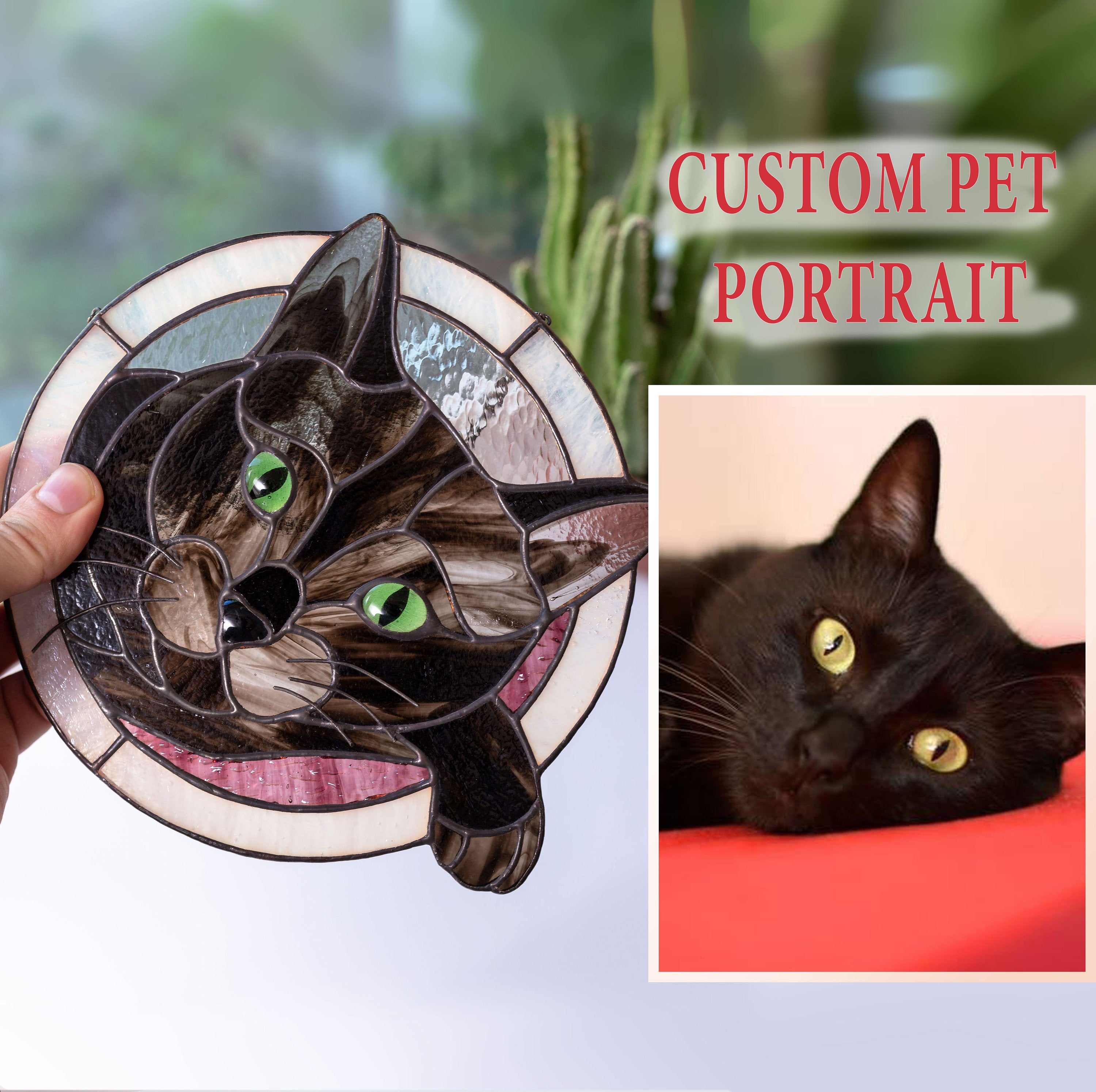 Custom stained glass portrait of a cat in a beige frame