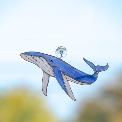 Stained glass blue whale window hanging for home decoration