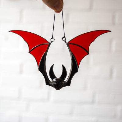 Stained glass red bat window hanging